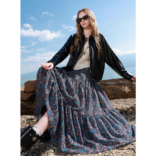 三彩2025秋季新款波嬉风印花雪纺半身裙高腰A字裙大摆长裙蛋糕裙M 商品图1