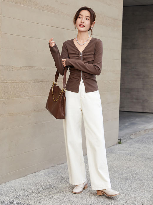 拉链 V 领褶皱修身显瘦棕色长袖上衣 商品图1