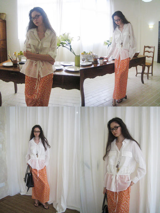 素舶 亚麻再生纤维抽绳收腰插肩长袖游猎衬衫 商品图2