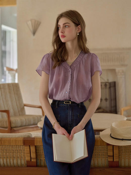 【百图lulu定制】【香芋衬衫】100%苎麻 定染绝美牵牛花紫  将浪漫写进了每一寸布料 短袖衬衫 商品图3