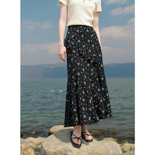 三彩2025秋季新款碎花半身裙荷叶边开叉鱼尾裙浪漫长裙M 商品图1