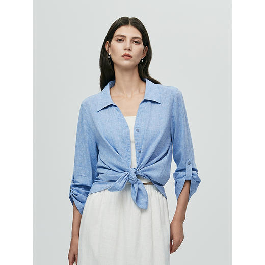 棉仓363604051-初棉呼吸感亚麻色织V领衬衫 商品图0