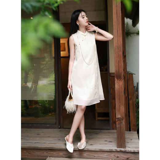 三彩【双影翩翩】2025秋季新款新中式连衣裙立领绣花无袖A字裙C 商品图1