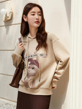 卡通兔子印花连帽卫衣女 春秋季宽松显瘦套头衫 休闲减龄上衣