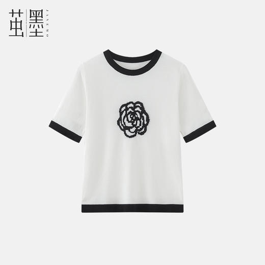 茧墨 经典山茶花小香风撞色冰丝针织短袖 商品图0