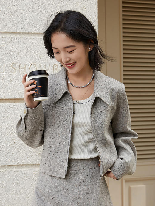 秋季小个子显高神器！翻领短款毛呢外套女 气质百搭灰色通勤款
 商品图0