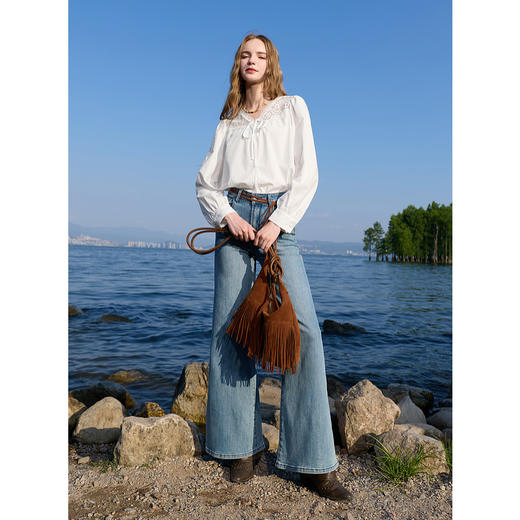 三彩2025秋季新款系带蕾丝V领宽松衬衫长袖衬衣上衣气质M 商品图3