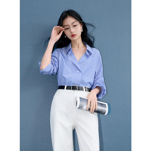 三彩2025秋季新款条纹衬衫翻领衬衣宽松上衣松弛通勤S 商品图2