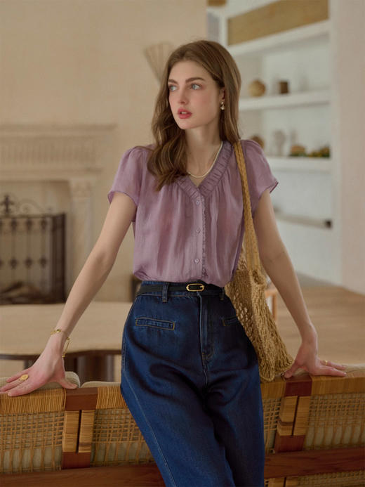 【百图lulu定制】【香芋衬衫】100%苎麻 定染绝美牵牛花紫  将浪漫写进了每一寸布料 短袖衬衫 商品图4