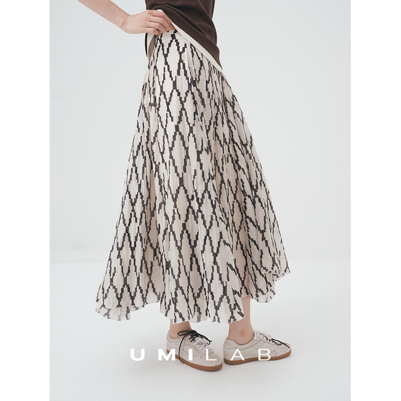 UMILAB｜定格*理性优雅莱赛尔混纺肌理感重工半松紧格纹半裙D815M