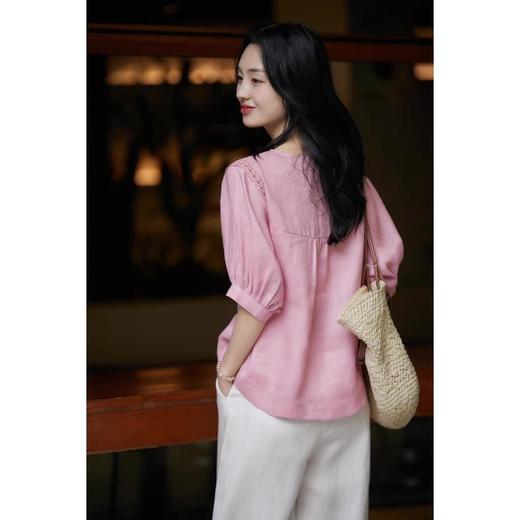 【100色织亚麻桃之夭夭】粉色灯笼袖蕾丝镂空小衫，精致古典的粉色系融入质朴自然麻料 商品图5