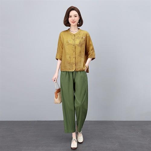 高端面料，刺绣纯苎麻妈妈两套装NJL2609 商品图3