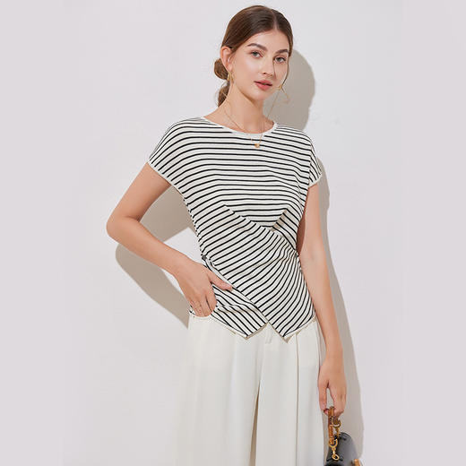 「自」全新升级【铂金会员109/天猫149/差价40】(91430)洛诗琳夏季新款设计感交叉收腰气质通勤条纹T恤上衣女 商品图2