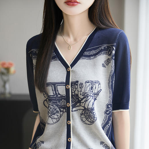 奥伊米夏季新款女100%莱赛尔复古V领重工提花针织T恤NSY275 商品图3