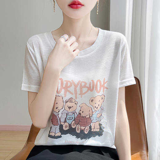 奥伊米夏季新款女100%天丝撞色小熊提花凉感透气圆领T恤ZHZ78 商品图4