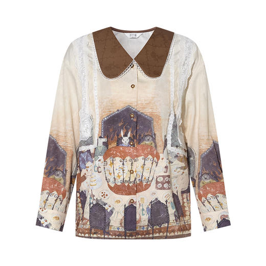 两三事童话酒会2025秋季新款复古拼色翻领花边印花长袖衬衫女宽松 商品图4