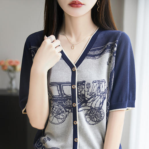 奥伊米夏季新款女100%莱赛尔复古V领重工提花针织T恤NSY275 商品图4