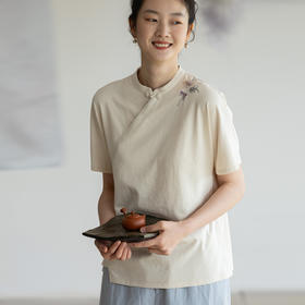 牧衣游棉混纺刺绣T恤圆领复古新中式上衣短袖 如屏画