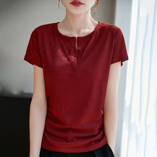 奥伊米夏季新款女100%天丝纯色圆领开口收腰修身显瘦纯色T恤YTMA86 商品图0