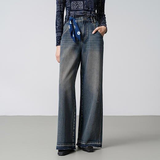 【林栖设计小店】【草木丹宁】纯棉牛仔裤配植物染方巾2025秋季新款阔腿裤G1653004 商品图0