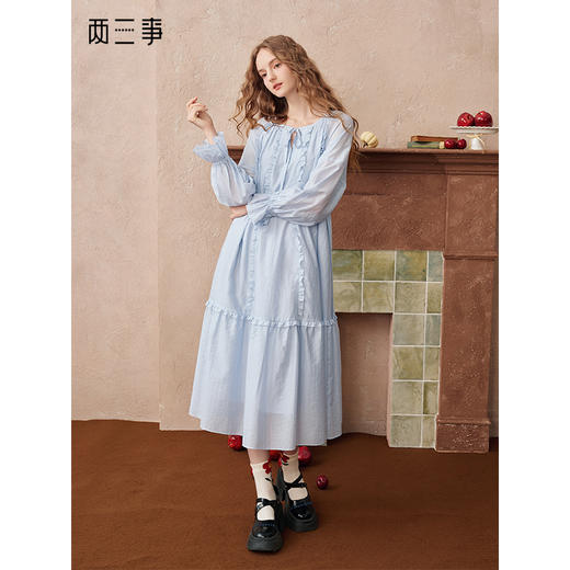 两三事水雾诗语2025秋季新款甜美木耳边拼接绑带泡泡袖连衣裙长裙 商品图0