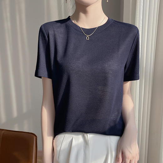 奥伊米夏季新款女休闲100%天丝圆领薄款纯色T恤YTMA63 商品图3