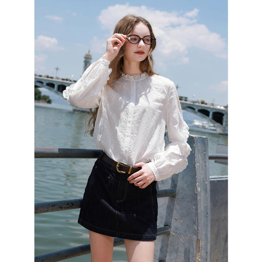 【100棉】三彩2025秋季新款刺绣衬衫木耳边衬衣宽松长袖M 商品图3