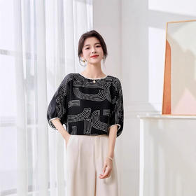 ASE2025夏季新款韩版时尚印花桑蚕丝短袖衬衫设计几何时髦上衣女简约