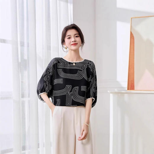 ASE2025夏季新款韩版时尚印花桑蚕丝短袖衬衫设计几何时髦上衣女简约 商品图0