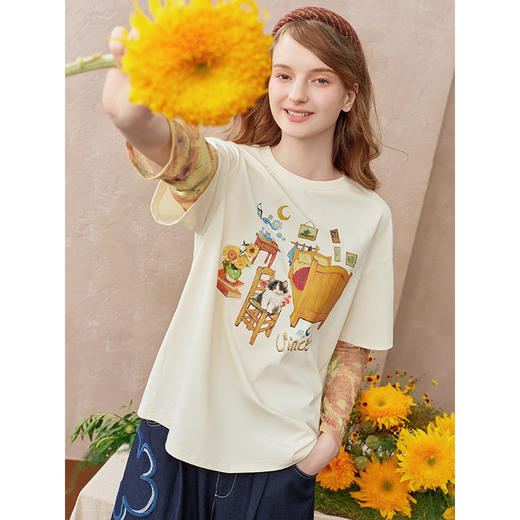 两三事梵高文艺 葵色午后 2025秋季新款印花网纱拼接假两件t恤女 商品图1