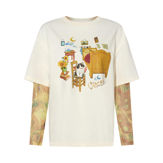 两三事梵高文艺 葵色午后 2025秋季新款印花网纱拼接假两件t恤女 商品图4