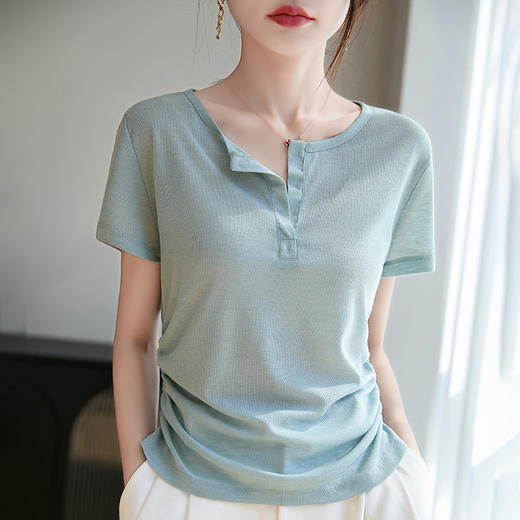 奥伊米夏季新款女100%天丝纯色圆领开口收腰修身显瘦纯色T恤YTMA86 商品图2