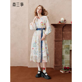 两三事 硬糖次元 2025秋季新款法式涂鸦印花系带泡泡袖连衣裙