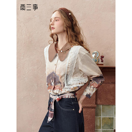 两三事童话酒会2025秋季新款复古拼色翻领花边印花长袖衬衫女宽松 商品图0