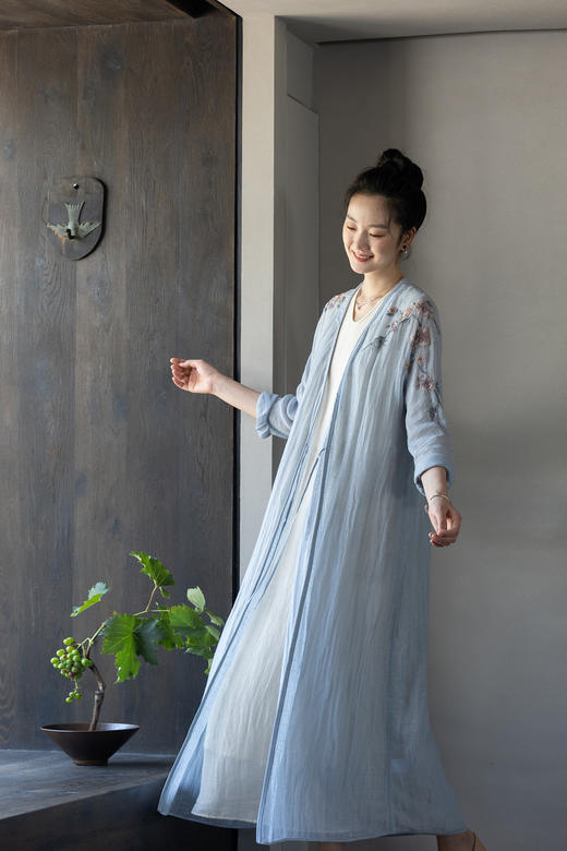 牧衣游刺绣棉麻混织风衣轻薄禅意宽松外套 春山暮 商品图5