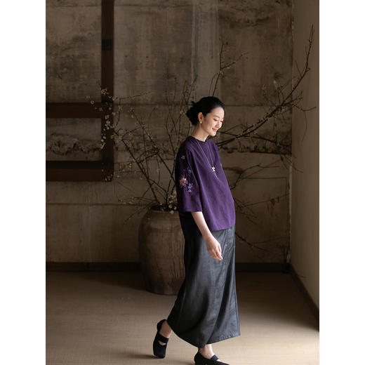 牧衣游原创 刺绣龟裂纹香云纱套头衫复古文艺紫色真丝上衣 长赢 商品图2