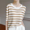 奥伊米夏季女士100%天丝芭蕾舞者刺绣复古条纹圆领T恤XZA96 商品缩略图3
