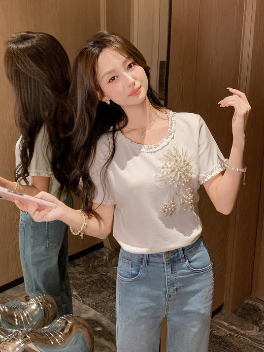 张心子【烟花钻t】通勤圆领花边木耳边设计感T恤上衣 U2507036 商品图5