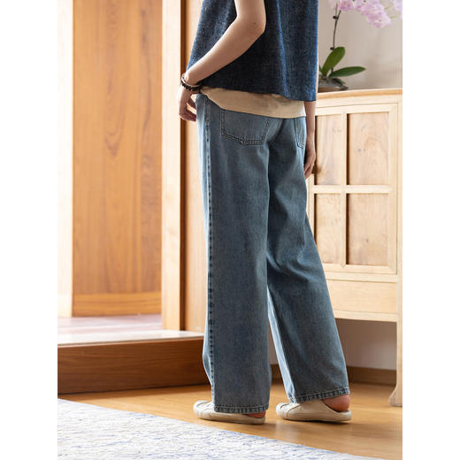 牧衣游原创 纯棉牛仔直筒裤轻薄显瘦复古耐穿宽松百搭休闲裤 碧深 商品图3