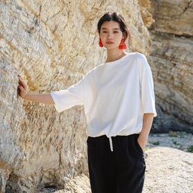 绽放389朵/【黑白灰系列·情绪很稳定T】纯棉一字领系带中袖T恤女