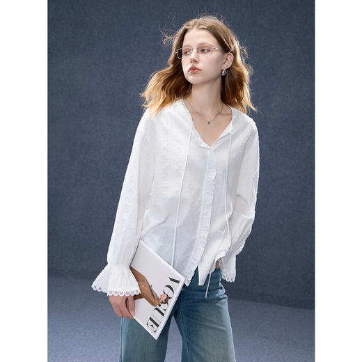 三彩2025秋季新款长袖棉衬衣宽松系带木耳边上衣气质M 商品图1