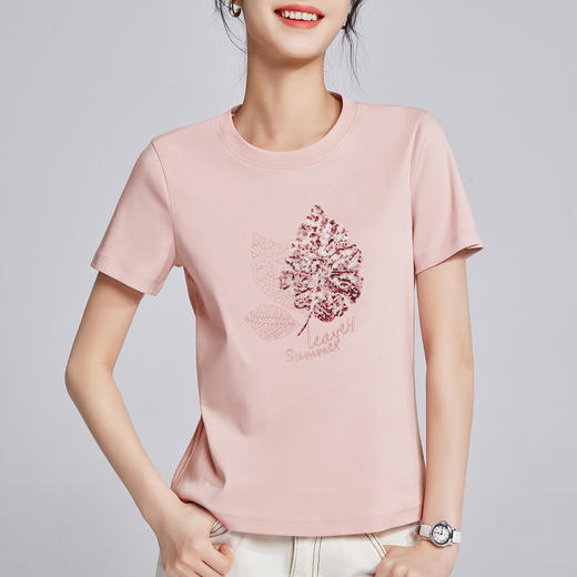 「自j」全新升级【铂金会员109/天猫149/差价40】(00225)洛诗琳新款珠片刺绣T恤2025夏季丝光棉宽松显瘦短袖上衣女 商品图2