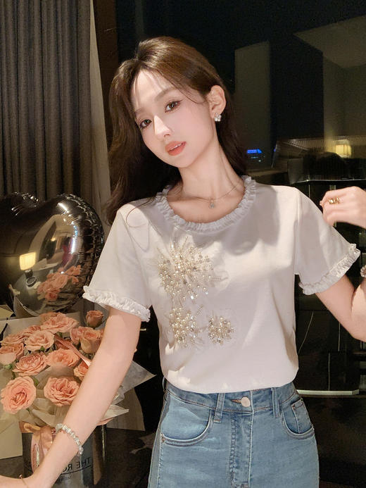 张心子【烟花钻t】通勤圆领花边木耳边设计感T恤上衣 U2507036 商品图1