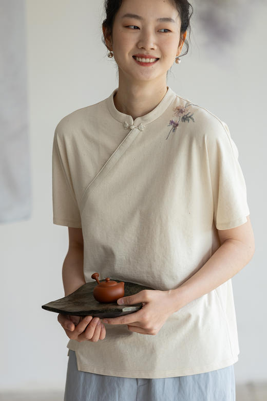 牧衣游棉混纺刺绣T恤圆领复古新中式上衣短袖 如屏画 商品图5