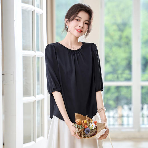 ASE2025年夏季真丝上新气质圆领时尚小清新修身显瘦高端纯色套头小衫 商品图1
