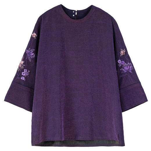 牧衣游原创 刺绣龟裂纹香云纱套头衫复古文艺紫色真丝上衣 长赢 商品图4