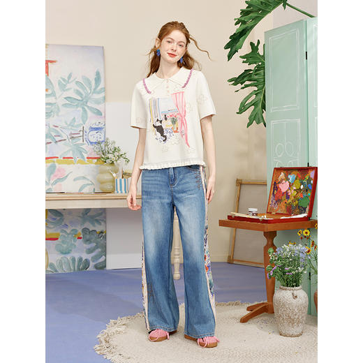 两三事 漫屿芳踪 2025夏季新款复古印花布拼接刺绣直筒牛仔裤女 商品图2