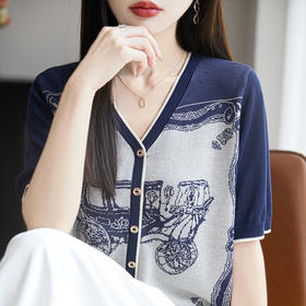 奥伊米夏季新款女100%莱赛尔复古V领重工提花针织T恤NSY275