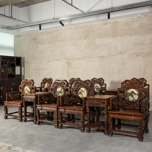 二十世纪	红木镶云石透雕龙纹扶手椅成套（八椅四几） 商品图4