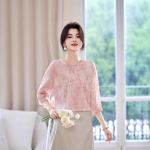 ASE2025夏季新款新中式复古印花衬衫圆领设计感七分袖套头上衣通勤 商品图2